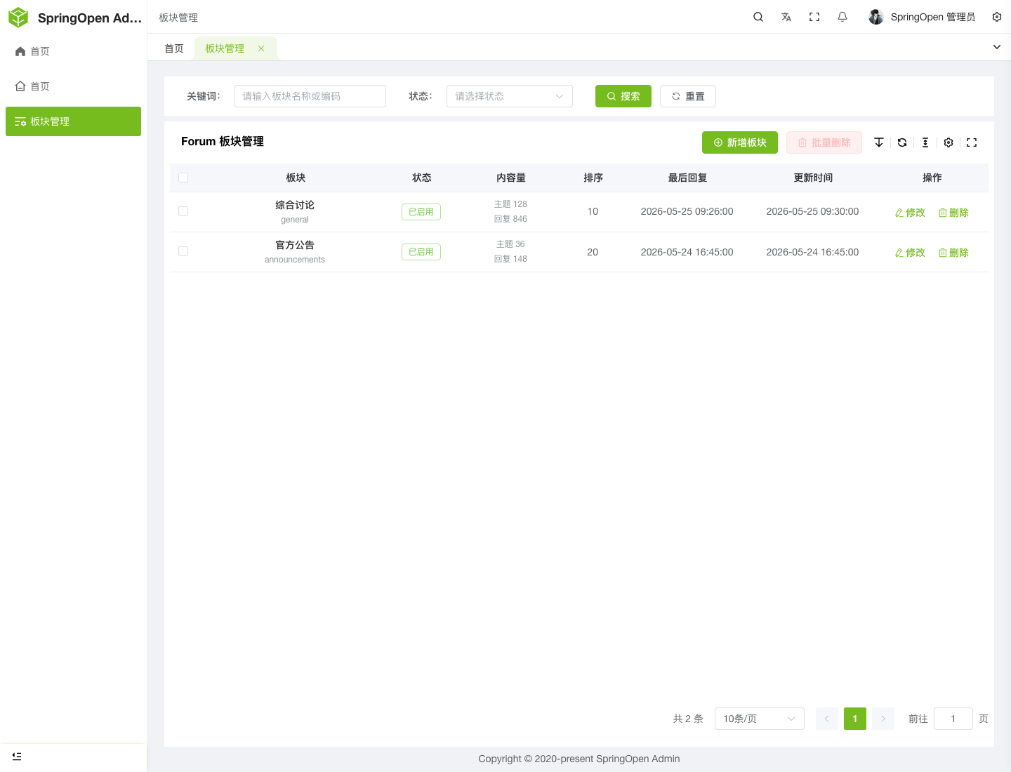 Admin Forum 板块管理页