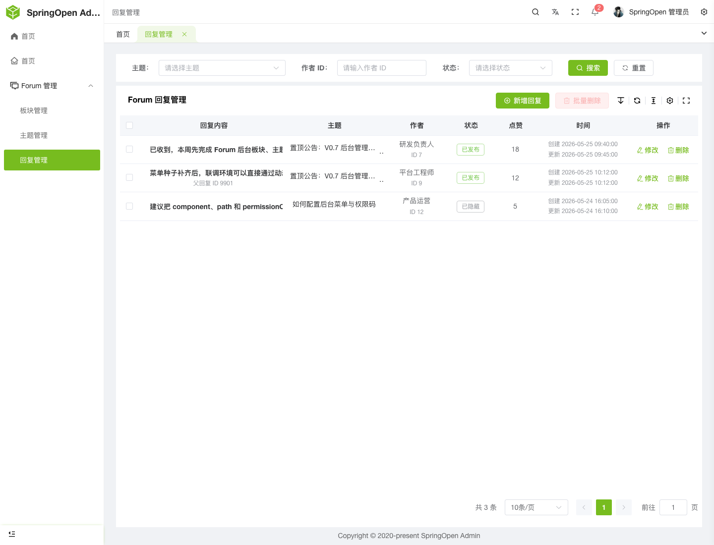 Admin Forum 回复管理页