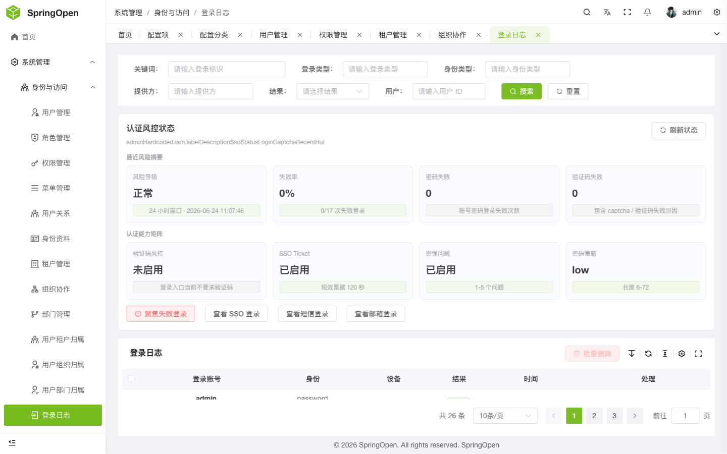 Admin IAM 登录日志页