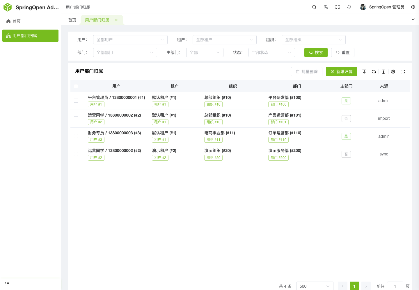 Admin 用户部门归属页