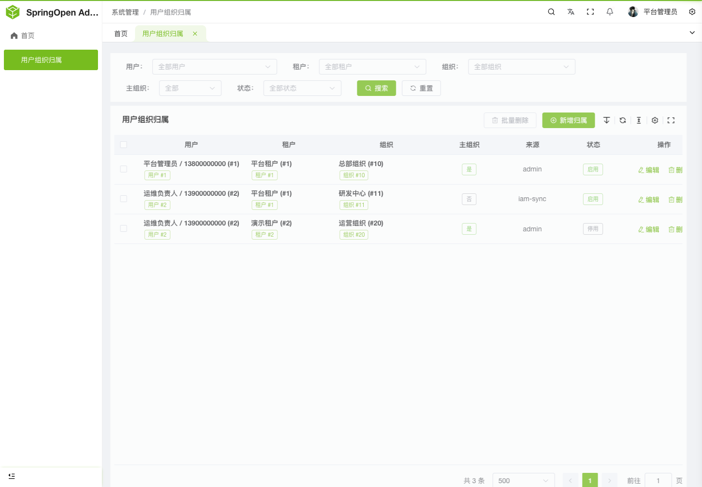 Admin 用户组织归属页