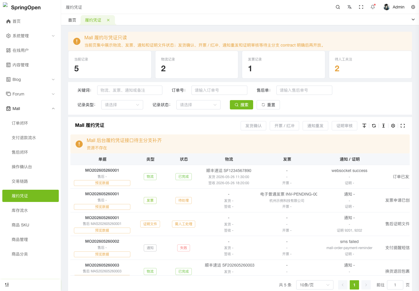 Admin Mall 履约凭证页