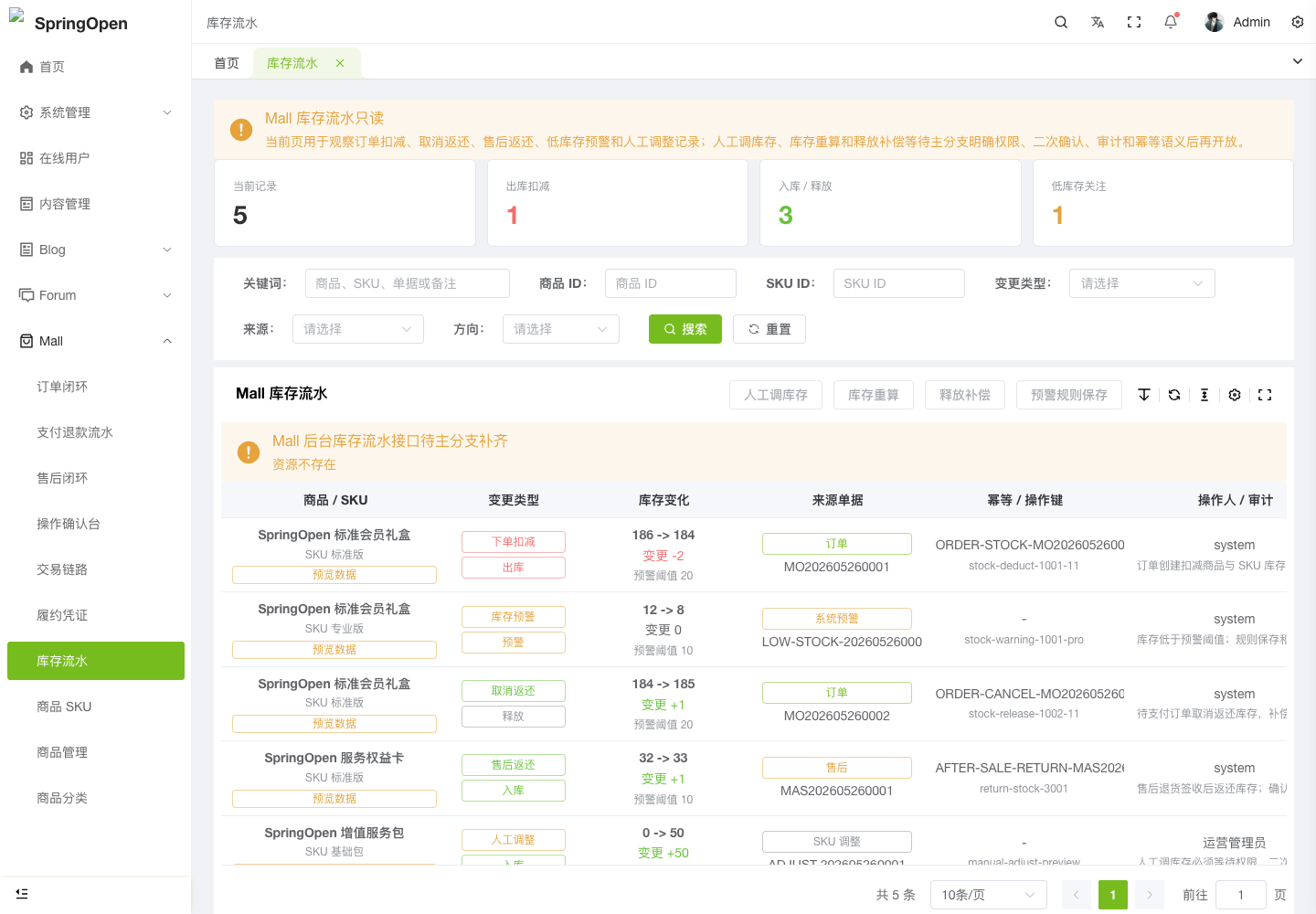 Admin Mall 库存流水页