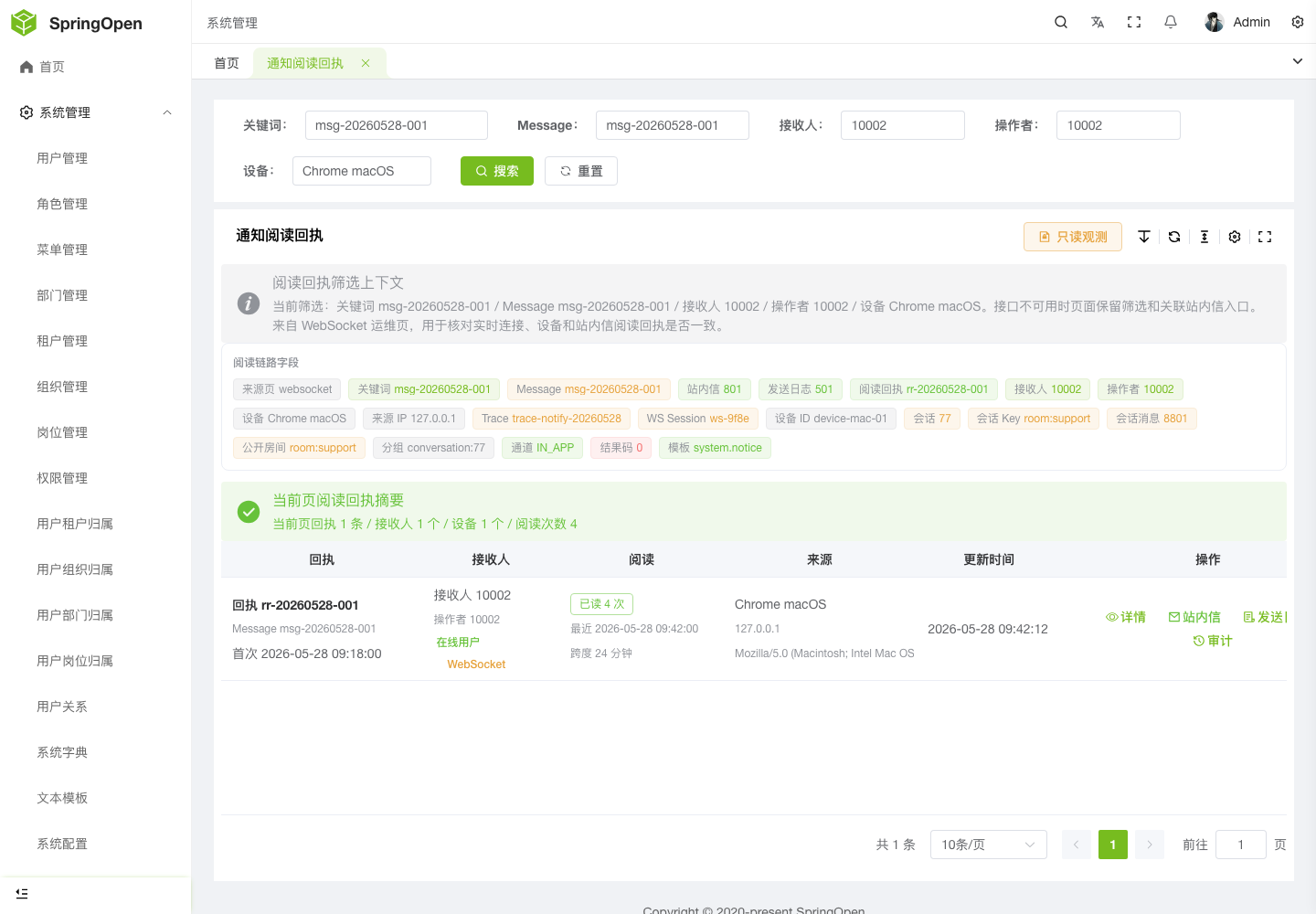 Admin 通知阅读回执页