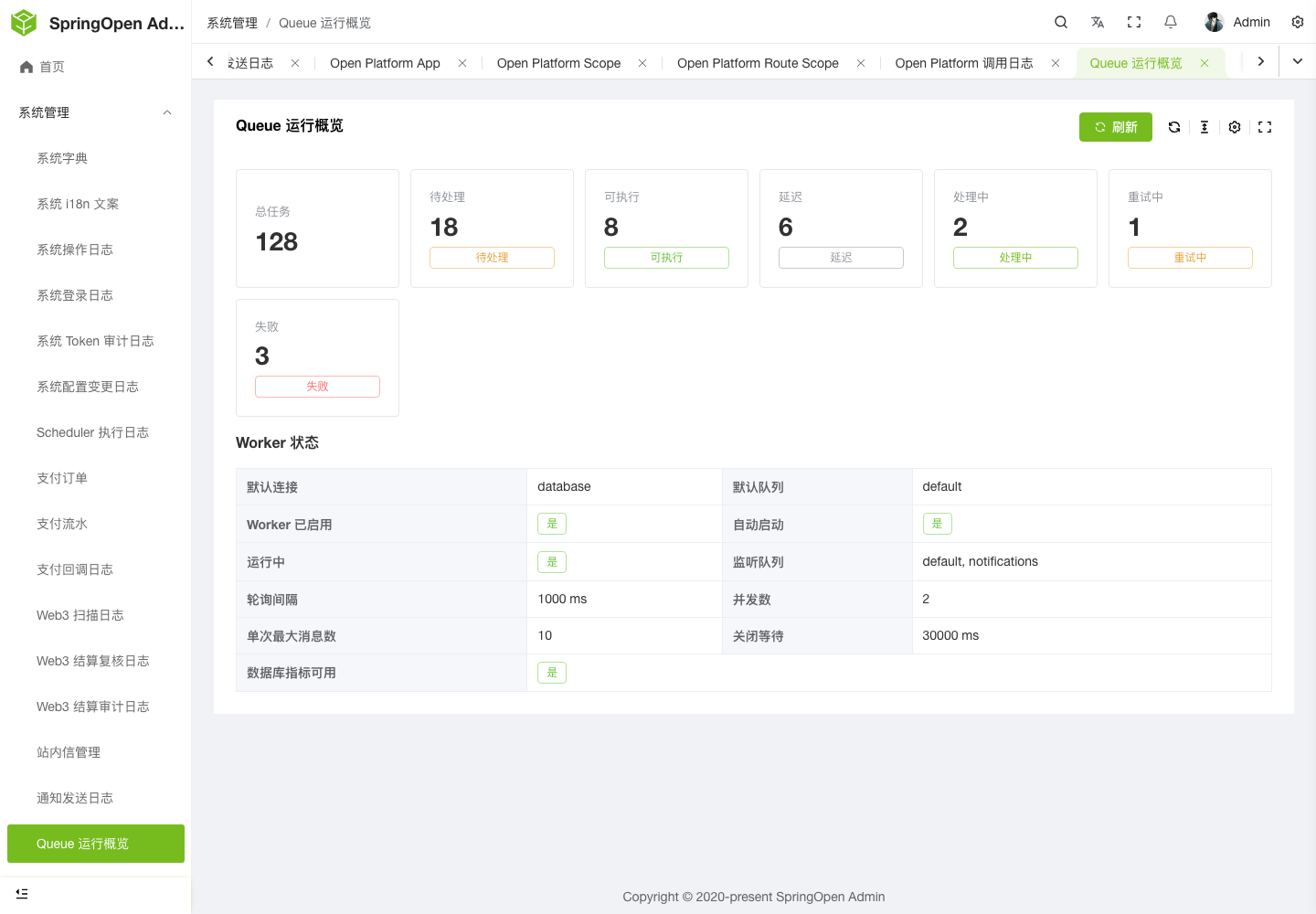 Admin Queue 运行概览页